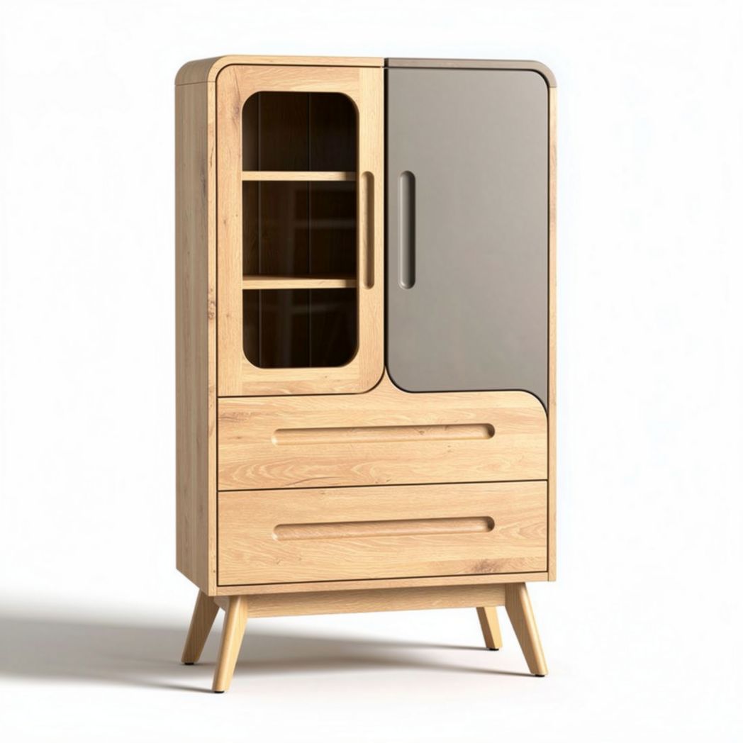 Wooden storage cabinet with glass doors and drawers 80 x 40 x 120cm