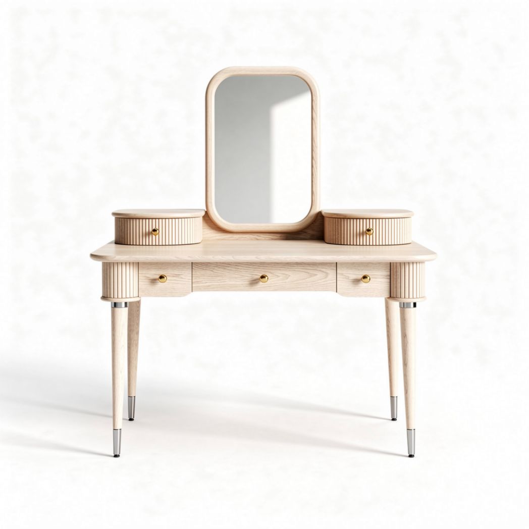 Wooden vanity table with round mirrors and drawers in natural finish 90 x 40 x 75cm
