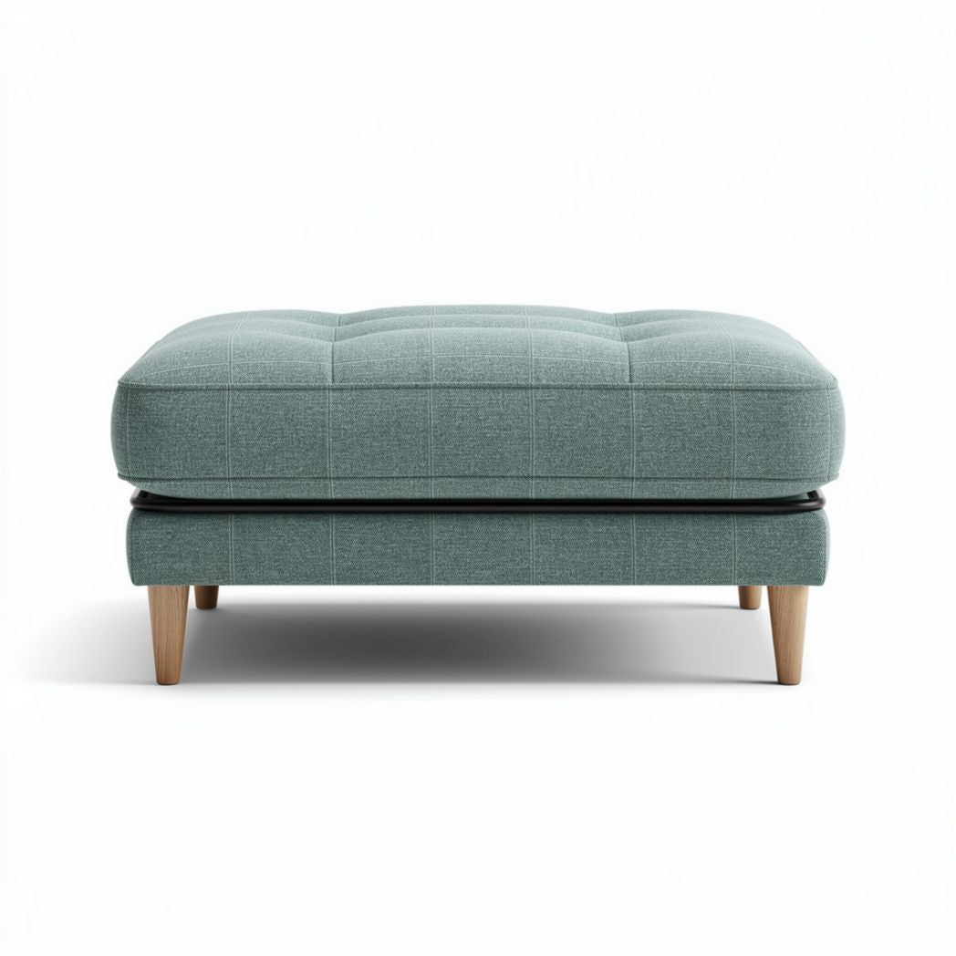 Tufted ottoman in teal fabric with wooden legs 80 x 80 x 40cm