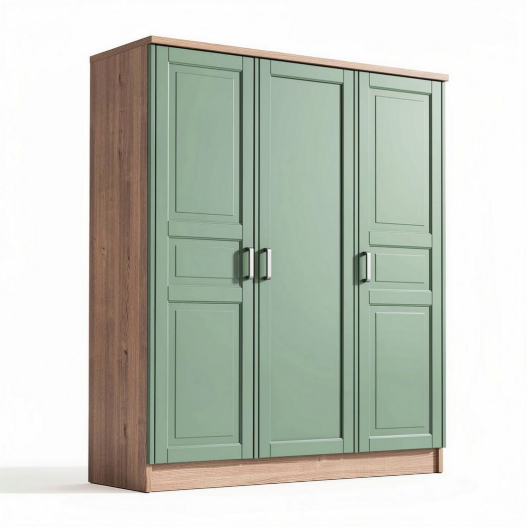 Three-door wardrobe in green and wood finish 120 x 60 x 180cm