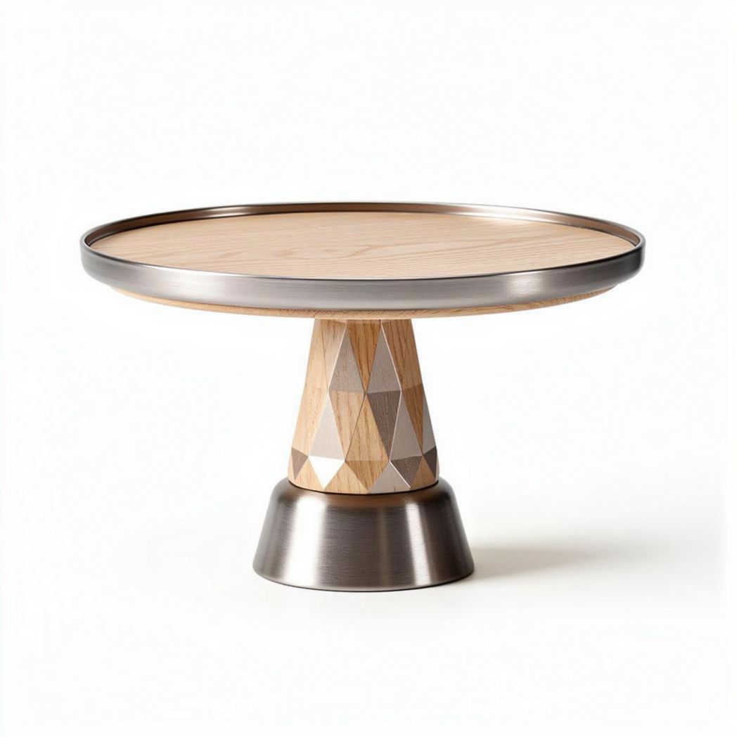 Wooden and metal serving cake stand with geometric design 30 x 30 x 15cm