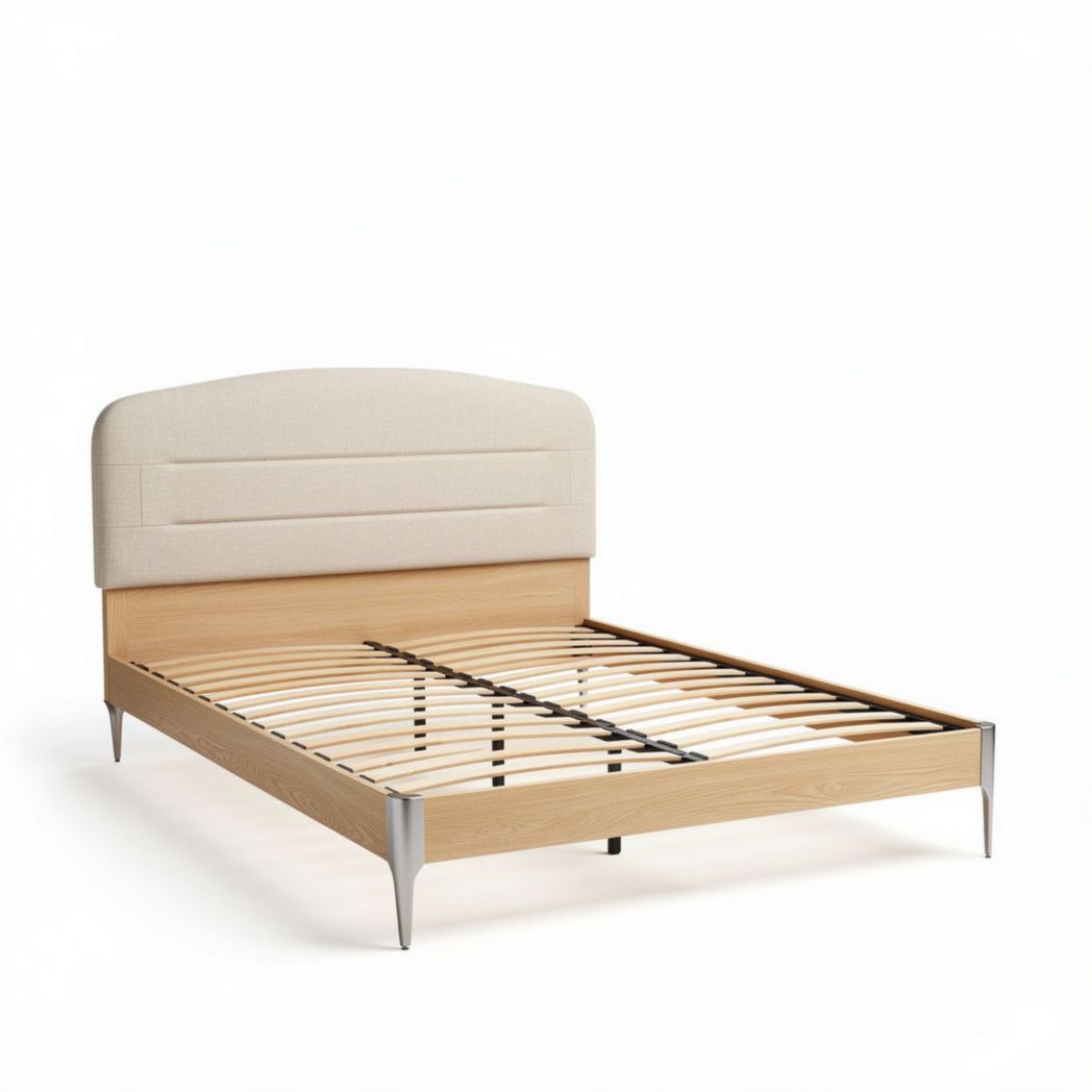 Wooden bed frame with fabric headboard and slatted support 200 x 160 x 100cm