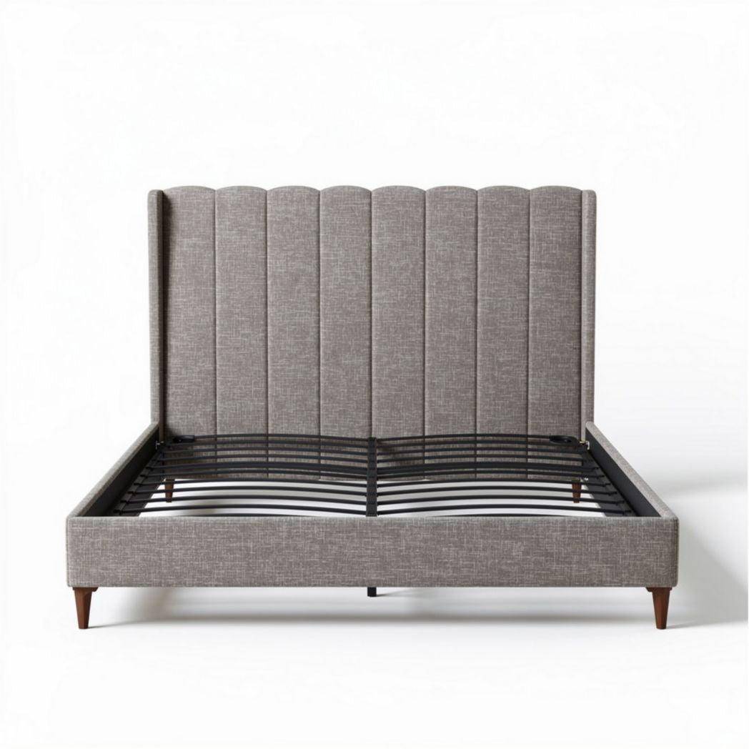 Upholstered bed frame with vertical headboard 200 x 160 x 100cm in gray fabric