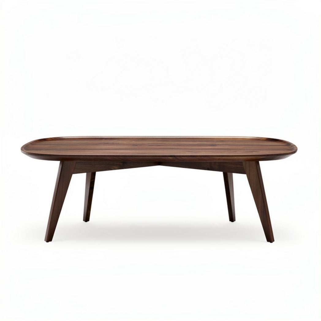 Walnut wood coffee table with rounded edges and tapered legs 150 x 80 x 45cm