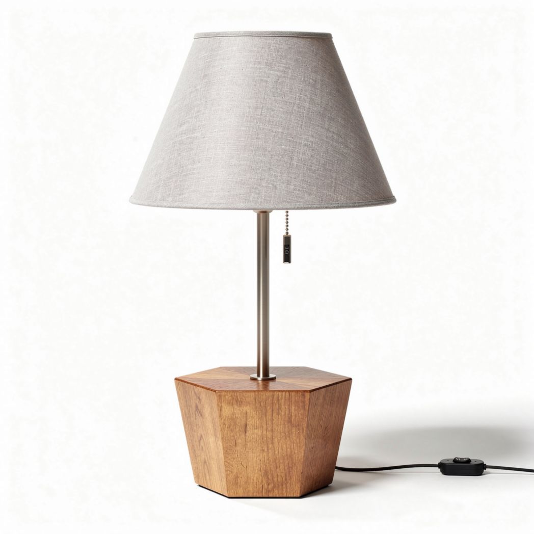 Wooden hexagon table lamp with grey linen shade 30 x 30 x 60cm