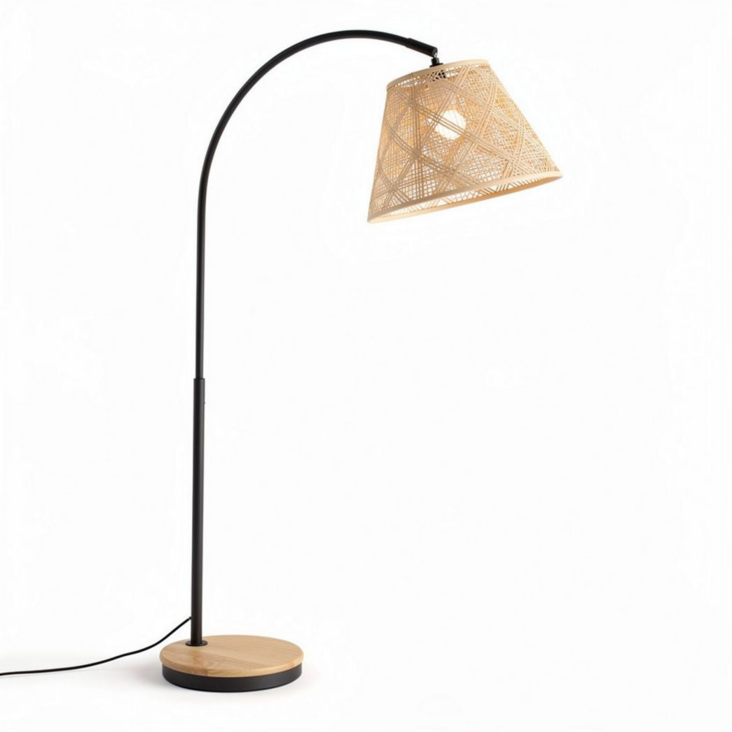 Rattan shade floor lamp with black metal frame and wooden base 45 x 20 x 160cm