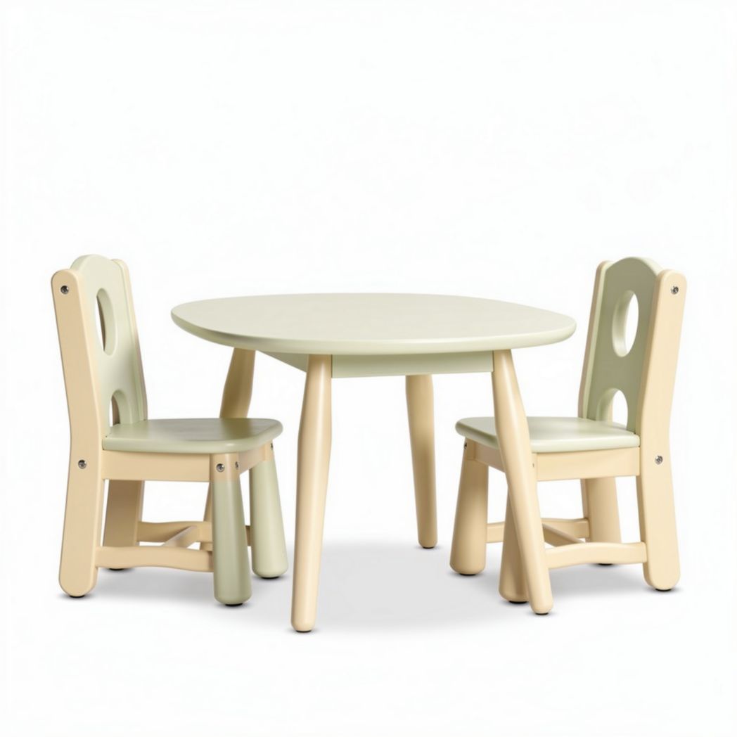 Kids' round table set with two chairs in green and beige wood 60 x 60 x 50cm
