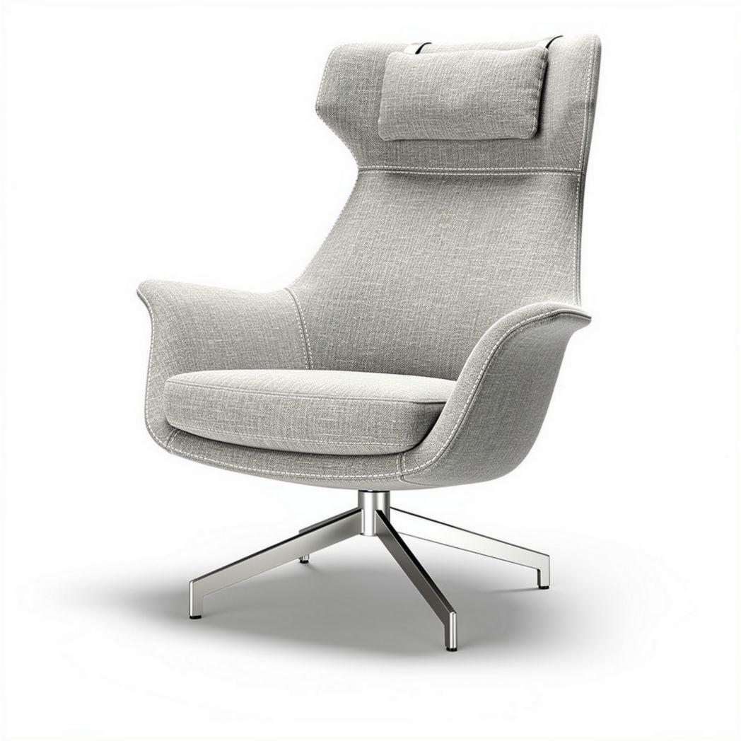 Swivel lounge chair with adjustable headrest in light gray fabric
