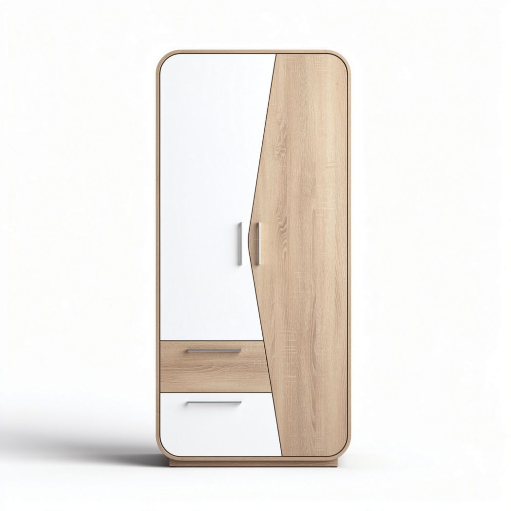 Wooden wardrobe with white and natural finish 180 x 80 x 45cm for bedroom storage