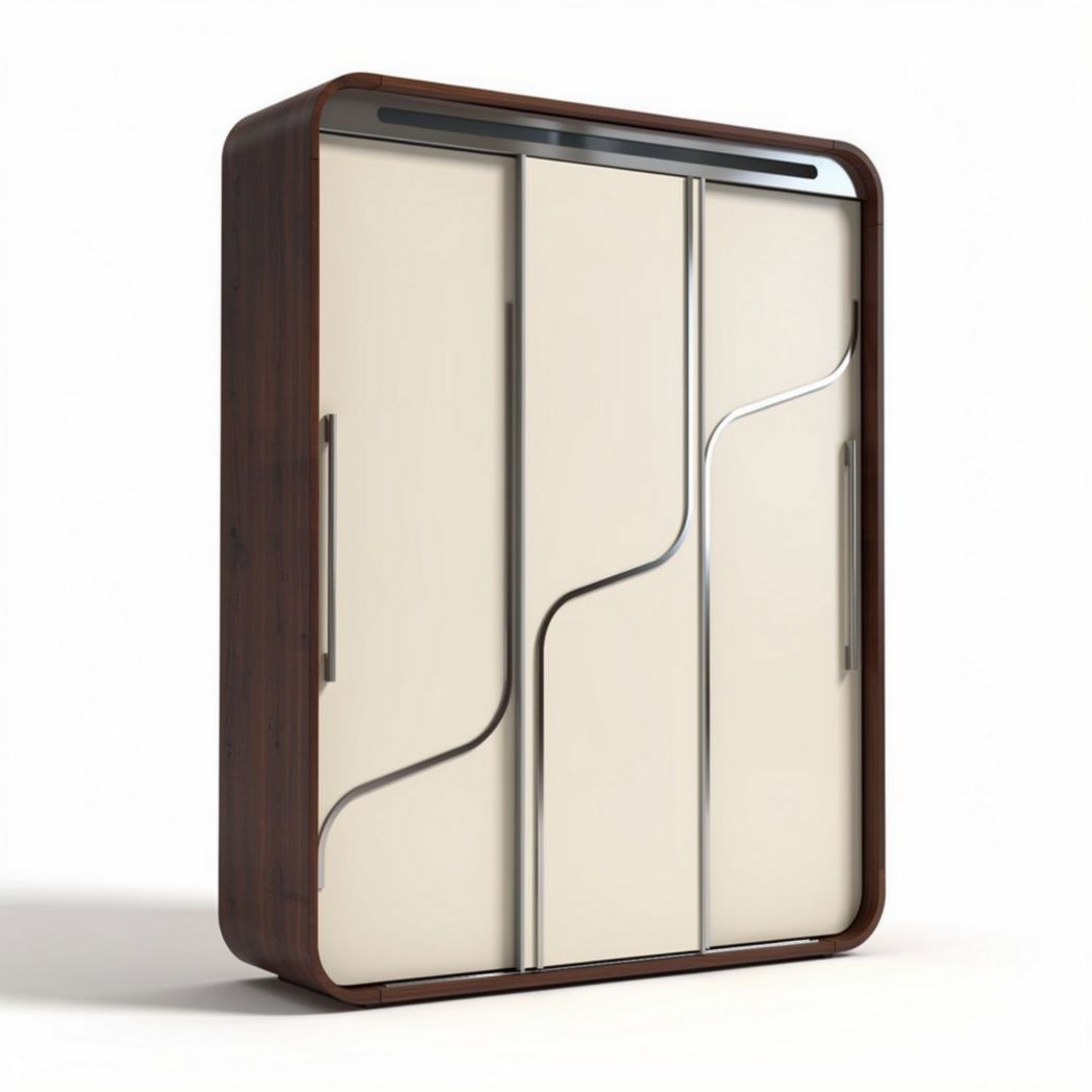 Sliding door wardrobe with wooden frame and cream colored panels 150 x 50 x 200cm